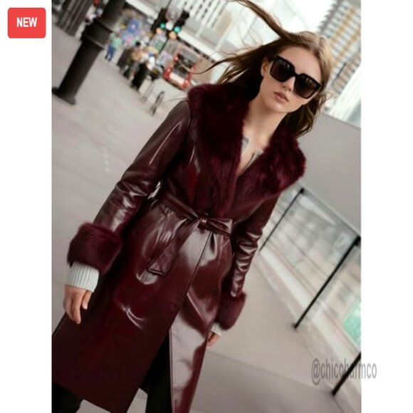 Leather Coat with Faux Fur Trim Belted Long Elegant Chic Outerwear - Picture 4 of 7